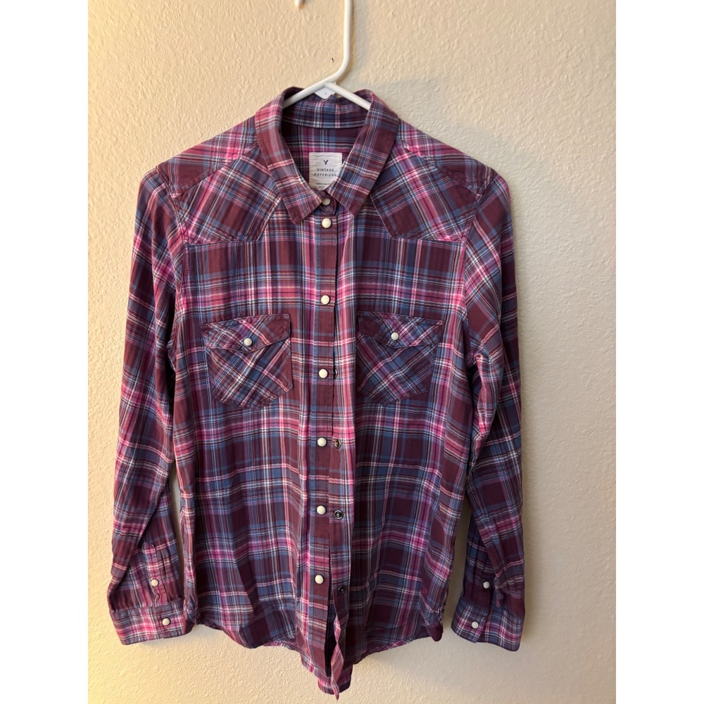 American Eagle Vintage Boyfriend Plaid Western Shirt Purple Pink Cotton M A1216